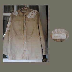 CHICO'S Khaki Jacket Crochet Lace Applique' Size 1